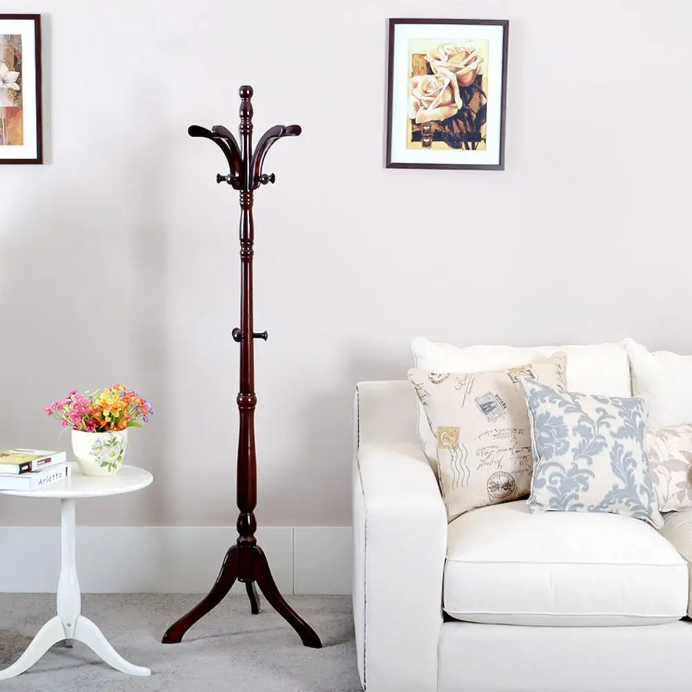 

Wood Coat Rack Floor Stand Hanger with Tripod Base for Clothes Umbrella Jacket