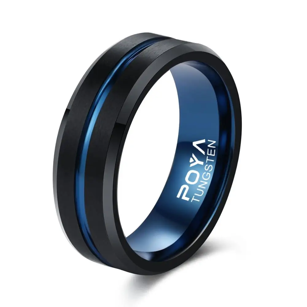 Вольфрамовые кольца POYA для мужчин 8 мм черные синие в центре рифленые со