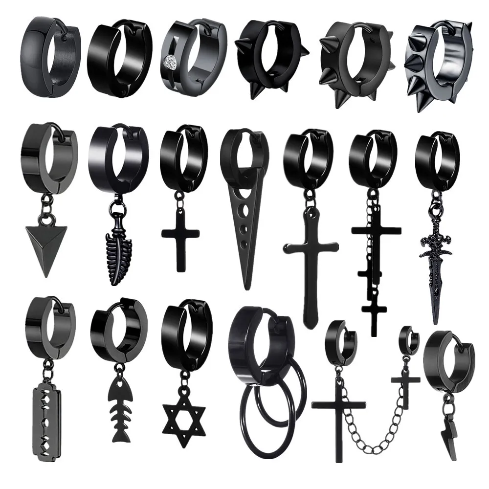 Hoop Earrings Black Punk Stainless Steel Women Men Small Round Cross Pendants Jewelry