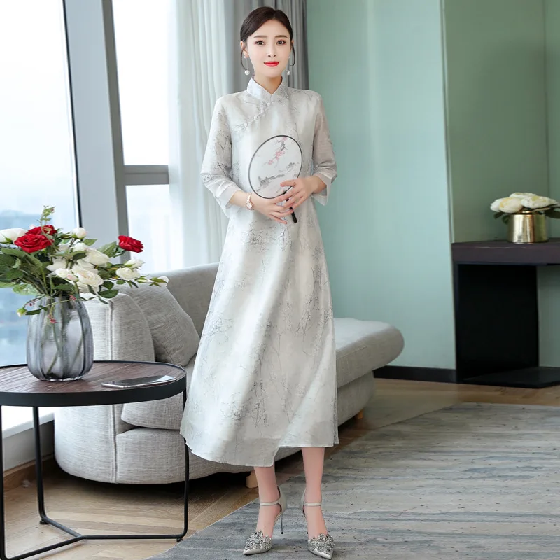 Летнее чайное платье в китайском стиле, традиционное платье Hanfu, древнее платье, рукав три четверти, воротник Мандарин, платье Тан