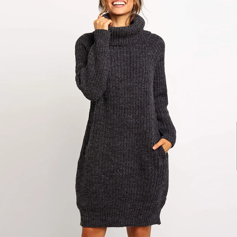 

ALLNeon Turtleneck Midi Dress Pockets Knitted Pullover Sweater Dresses for Women Long Sleeve Oversized Ladies Elegant Dresses