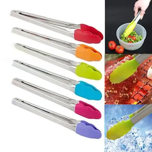 Random Color Silicone Cooking Salad Stainless Steel Handle Serving BBQ Tongs Kitchen Utensil - Цвет: Random Color