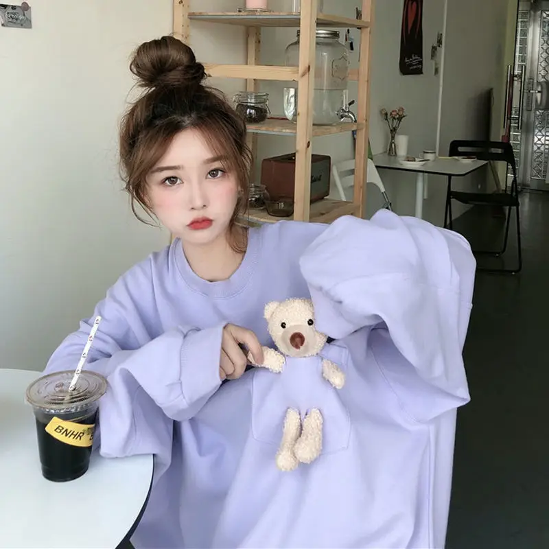 2020 Fashion Harajuku Winter Bear doll Hoodie Women Loose Korean Style Sweatshirt Streetwear Flower Printing Hoodies Pullovers | Женская