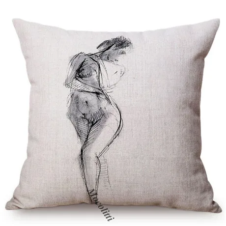 Black and White Sexy Woman Sketch Painting Art Decorative Throw Pillow Case Senior Restaurant Museum Gallery Sofa Cushion Cover M080-8