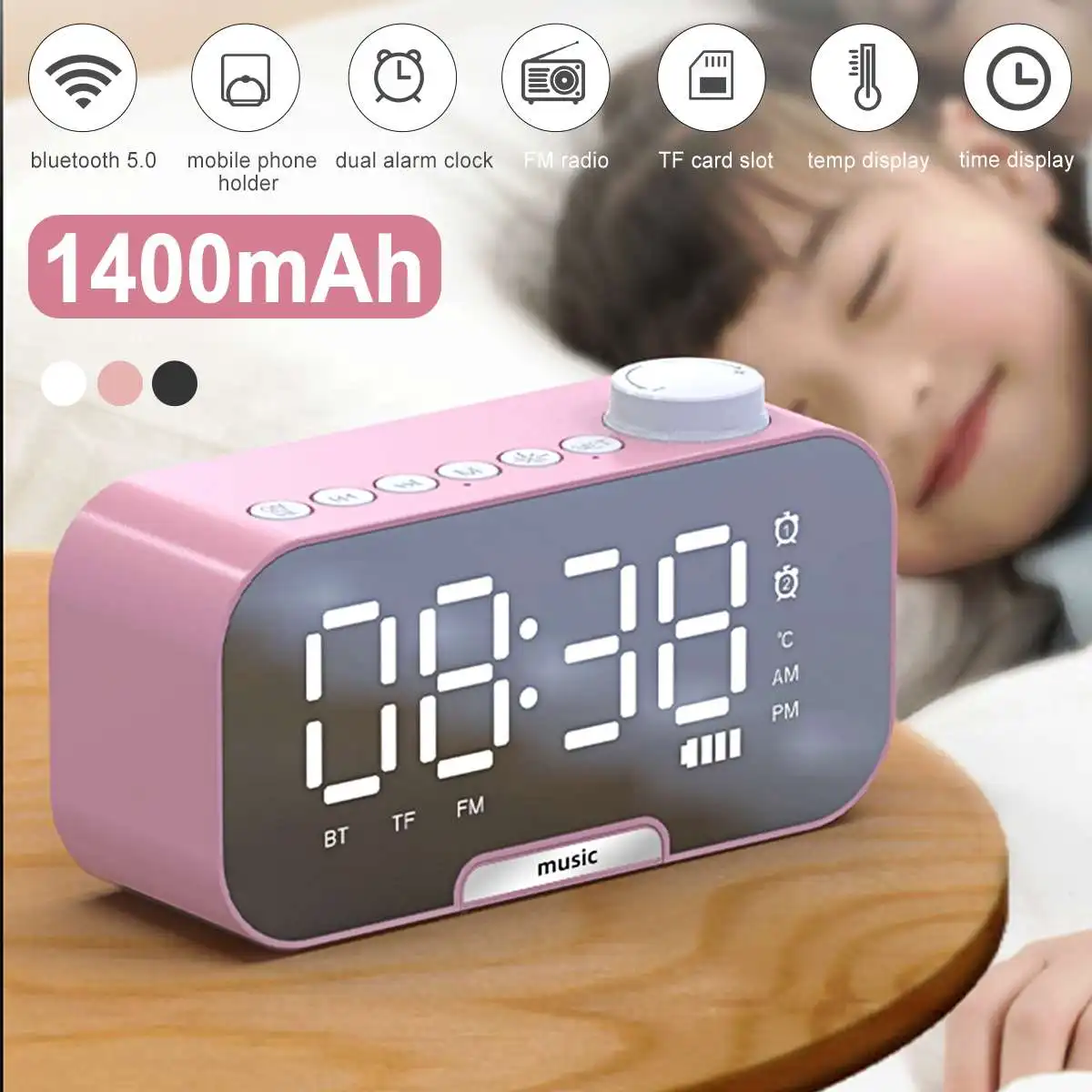 Jam Alarm Digital LED FM Musik 1400 MAh Bluetooth USB Tampilan Tanggal