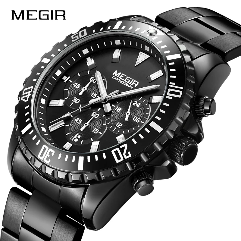MEGIR Fashion Casual Quartz Watch Men Brand Stainless Steel Strap Black Luminous Military Wrist Clock Relogio Masculino | Наручные часы
