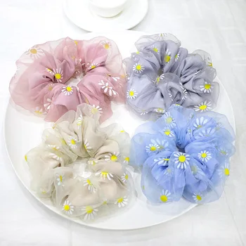 

4pcs/lot Chiffon Daisy Printing Elastic Hair Band for Girls 2020 Summer New Yan Flower Frinting Hair Tie for Women