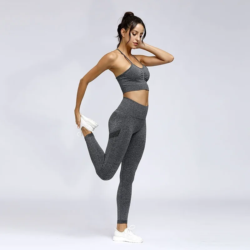 

Seamless Yoga Set Women Fitness Clothing Sportswear Woman Gym Leggings Padded Push-up Strappy Sports Bra 2 Pcs Sports Suits