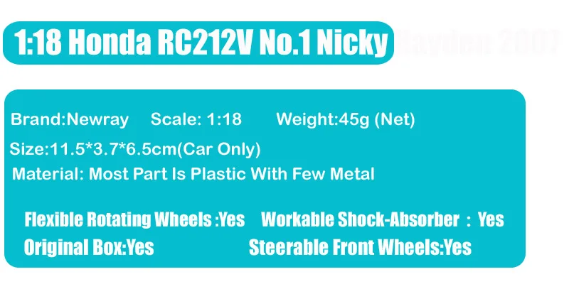 1/18 шкала новая-ray Honda RC212V rider № 1 Ники Хэйден 2007 moto велосипед moto rcycle гоночный gp игрушечные модели автомобилей хобби