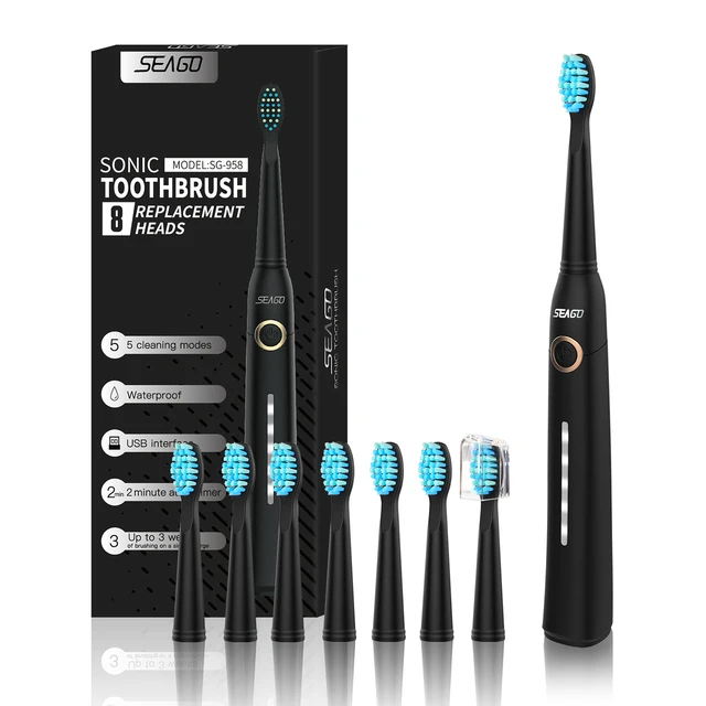 Seago Sonic Electric Toothbrush Tooth brush USB Rechargeable adult Waterproof Ultrasonic automatic 5 Mode with Travel case black 8 heads