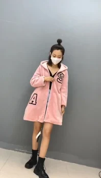 

ZiZhen Overcoat 100% Wool Suede Liner Hood Jacket Letters Zipper Sweet Pink Warm Winter Autumn Overcoat Pockets 20200611-3