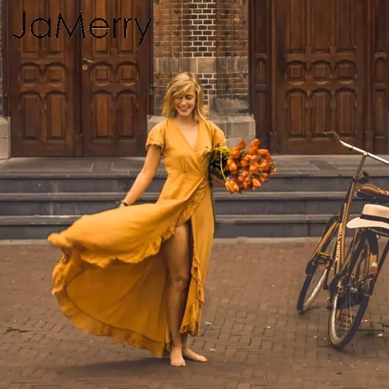 JaMerry винтажное богемное платье с рюшами, сексуальное хлопковое Пляжное Платье макси с коротким рукавом, повседневное однотонное желтое весеннее летнее платье с запахом