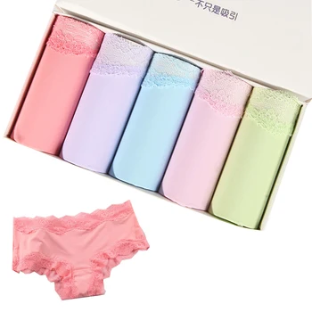 

5PCS/lot Seamless Panties Women's Sexy Solid Lace Beifs Soft Cotton Lingerie Nylon Pants Ice Silk Briefs Girls Underwear