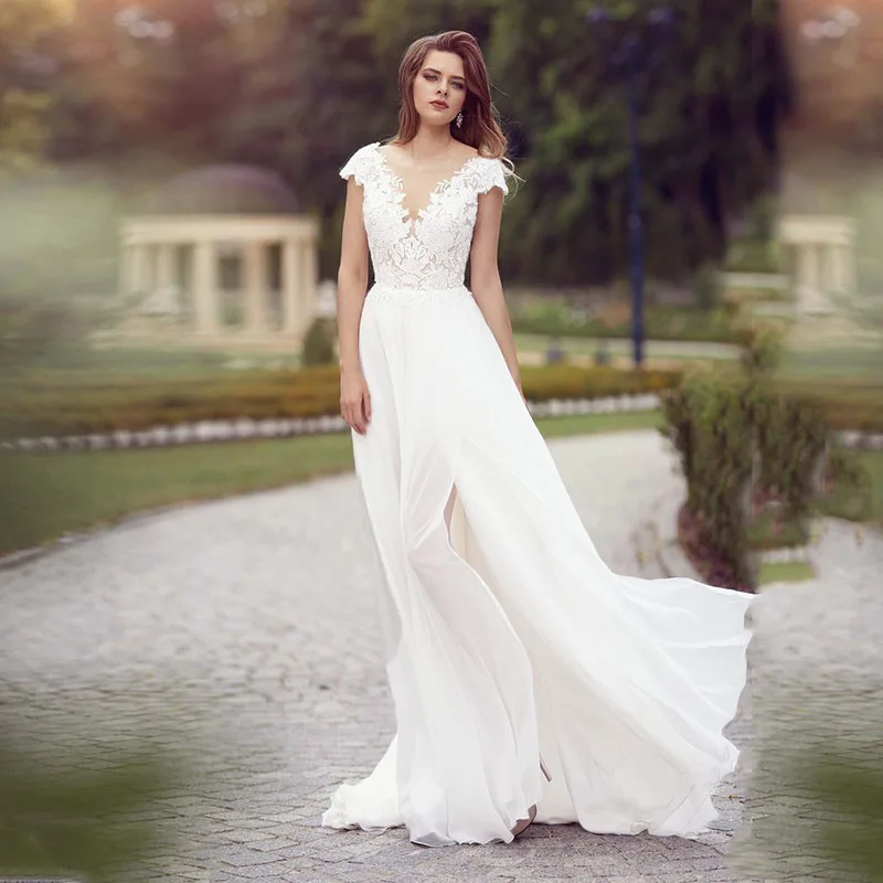 Eightree vestido de novia Модное шифоновое платье принцессы; обувь под свадебное платье для невесты пляжные Совок с боковыми Свадебное Платье Иллюзия Свадебные платья с глубоким вырезом на спине - Цвет: White