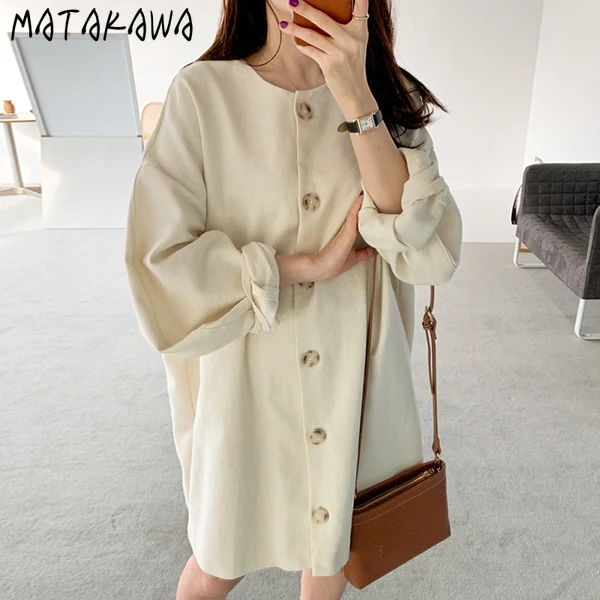 MATAKAWA Autumn Solid Color Versatile Simple Round Neck Mini Dress Single Breasted Loose Bubble Sleeve Dresses for Women | Женская