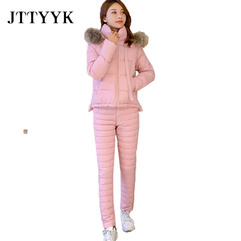 

Tracksuit Women Set 2020 Winter Faux Fur Collar Hooded Jacket Coat+Pants Suits Female Causal Warm Thick Clothes 2 Piece Outfits