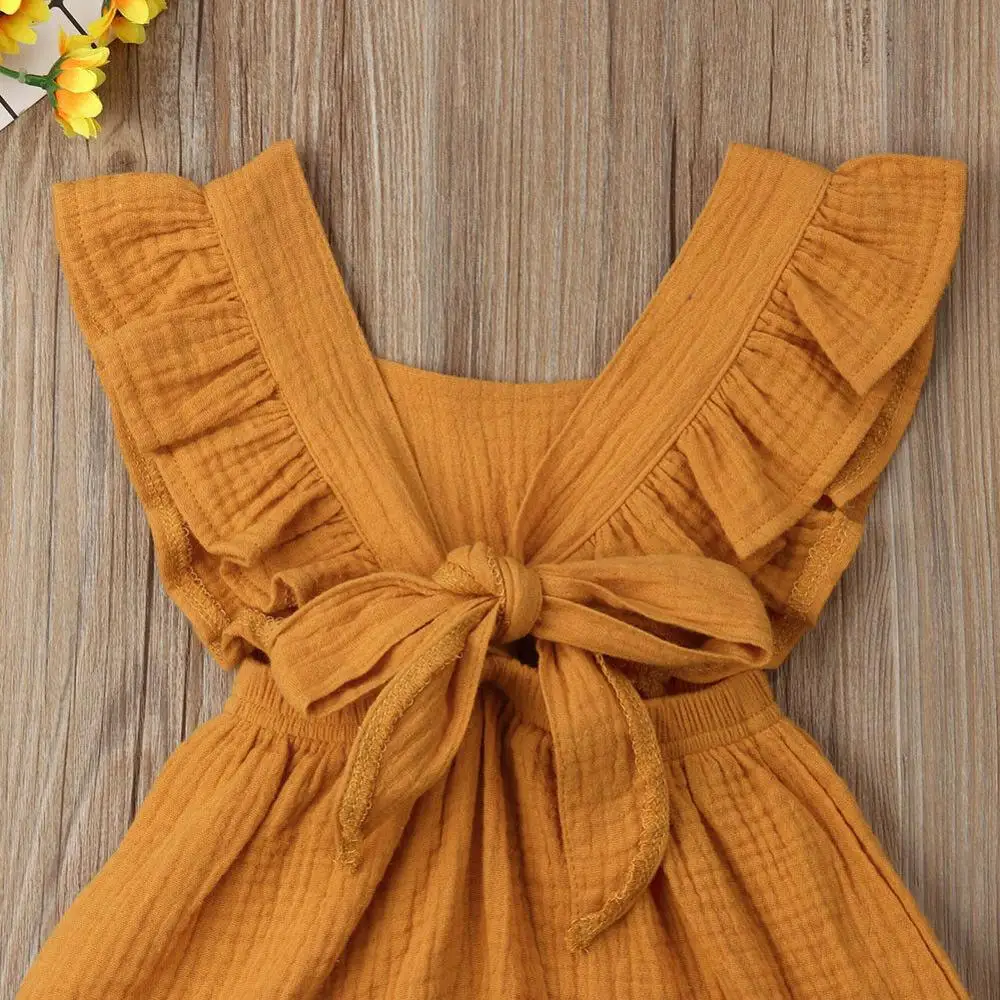 2020 Baby Summer Clothing Newborn Toddler Kids Ruffle Solid Bow Romper Backcross Linen Jumpsuit Bebe Outfits Clothes 6-24M
