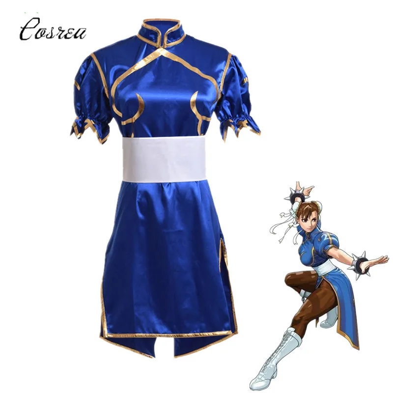 

Games Chun Li Cosplay Costumes Sutorito Faita Blue Cheongsam Dress Belt Headgear For Women Girls Party Clothes