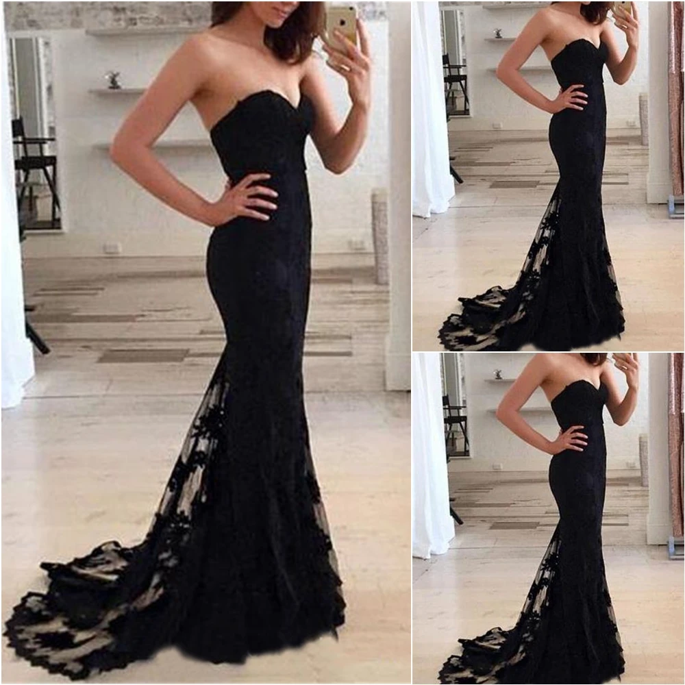 

Applique Formal Dresses Tulle Prom Party Gown Black Evening Dress Sweetheart Sleeveless Floor-Length NONE Train Custom New