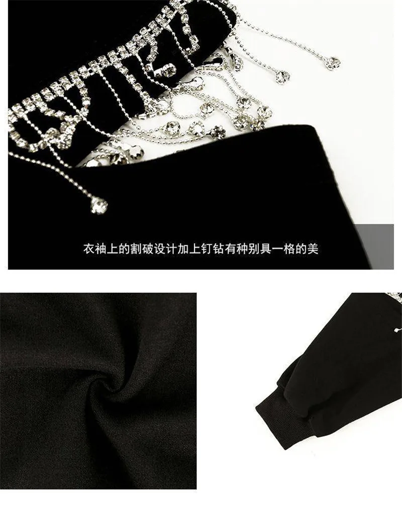 Корейские модные женские толстовки с кристаллами инкрустированные повседневные топы, толстовка, свитер женский модный черный свитер толстовка с длинными рукавами