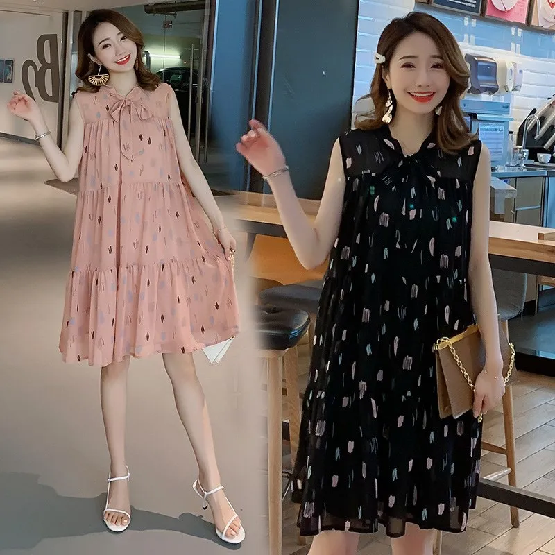 

2019 New Style Pregnant Women Summer Wear Fashion Dress Fairy Immortal Korean-style Sleeveless Loose Maternity Clothes Summer Sk