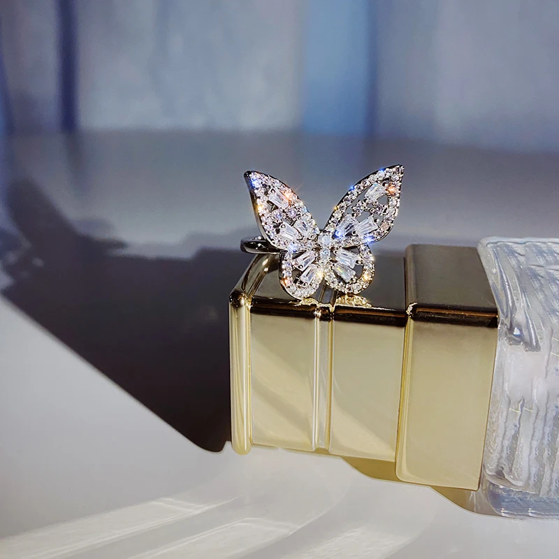 2020 New Design Fashion Jewelry Luxury Copper Inlaid Zircon Ring Opening Cute Butterfly Prom Party Ring for women