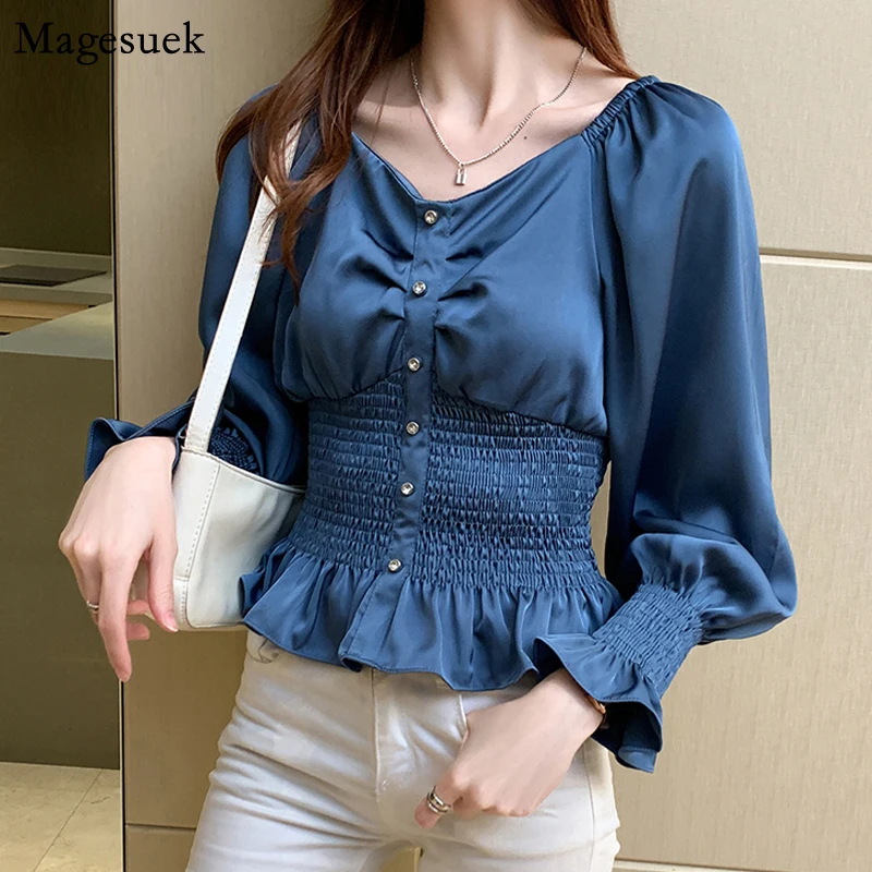 

Fashion New Elegant Women Blouse Shirts Office Lady Square Collar Tops Chiffon Shirt Long Puff Sleeve Slim Female Blouses 17028