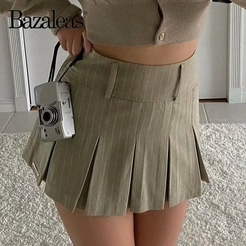 Bazaleas-minifalda Harajuku con estampado a rayas para mujer, Falda corta de cintura alta con abertura