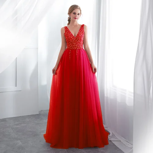 Бисерное платье для выпускного V образным вырезом розовый высокое Разделение шелковое платье, свадебное платье, вечернее платье без рукавов трапециевидной формы на завязке с открытой спиной Vestido De - Цвет: Красный