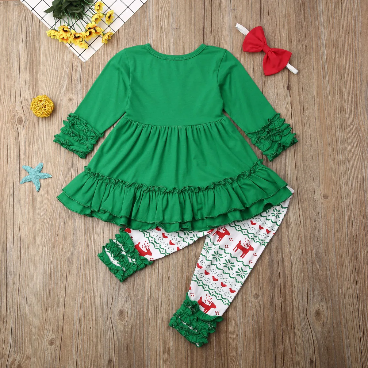 Одежда для маленьких девочек; рождественские топы для маленьких девочек; платье с длинными рукавами+ штаны+ повязка на голову; комплект одежды из 3 предметов