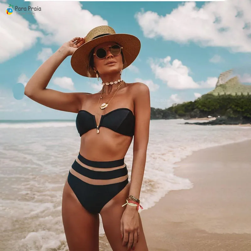 Para Praia, купальник с завышенной талией, прозрачный купальник, женский купальник, пуш-ап, бикини, высокая талия, купальник, Сетчатое пляжное платье