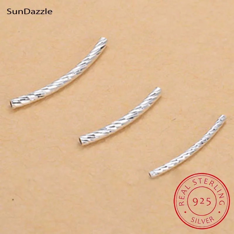 

2pcs Genuine Real Pure Solid 925 Sterling Silver Connector Engraved Curved Tube Silver Long Beads DIY Jewelry Making Findings