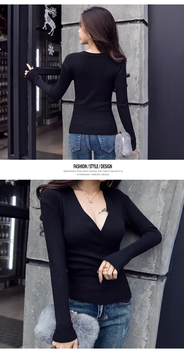 2022 Spring Sexy V-Neck Women Sweater Tops T-shirt Knitted Long Sleeve Thread Bottoming Slim Sweaters Pullover Jumper Soft Warm