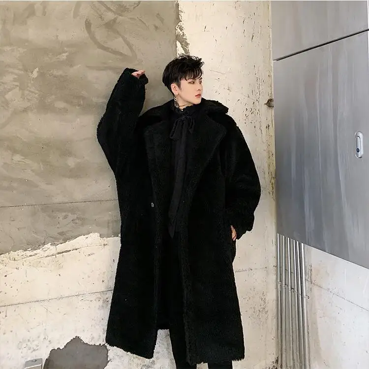 Харадзюку, роскошное зимнее мужское длинное Свободное пальто из искусственного меха,, теплая Толстая куртка из лисьего меха, Черная/белая меховая верхняя одежда, повседневная парка, пальто
