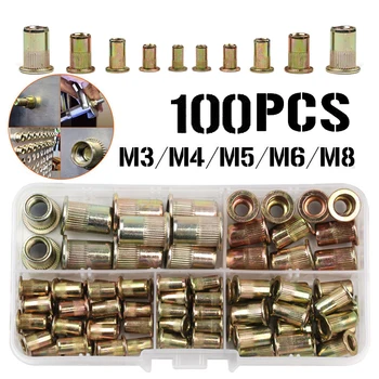 

100Pcs Rivet Nuts Set Zinc Plated Carbon Steel Rivets Threaded Rivet For Metal Plates Tubes Fasteners Tools M3 M4 M5 M6 M8 Kit