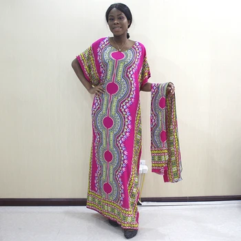 

Dashikiage African Dashiki Troditional Pattern Printed Pink Pure Cotton Elegant Women Dress