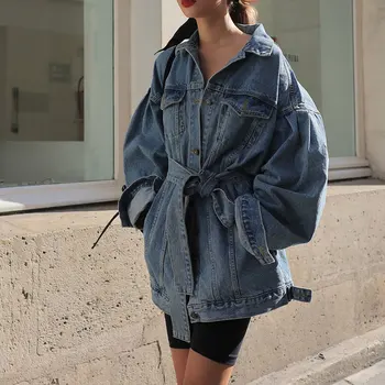 

New Autumn Spring Women's Denim Jackets Sashes Lace Up Outerwear High Street Fashionable Blue Long Jeans 2020