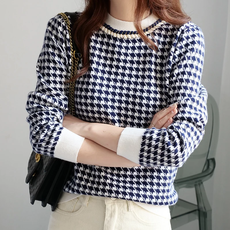 여성용 기하학 울 니트 스웨터, 캐주얼 하운드투스 풀오버 스웨터, 여성 가을 겨울 레트로 점퍼