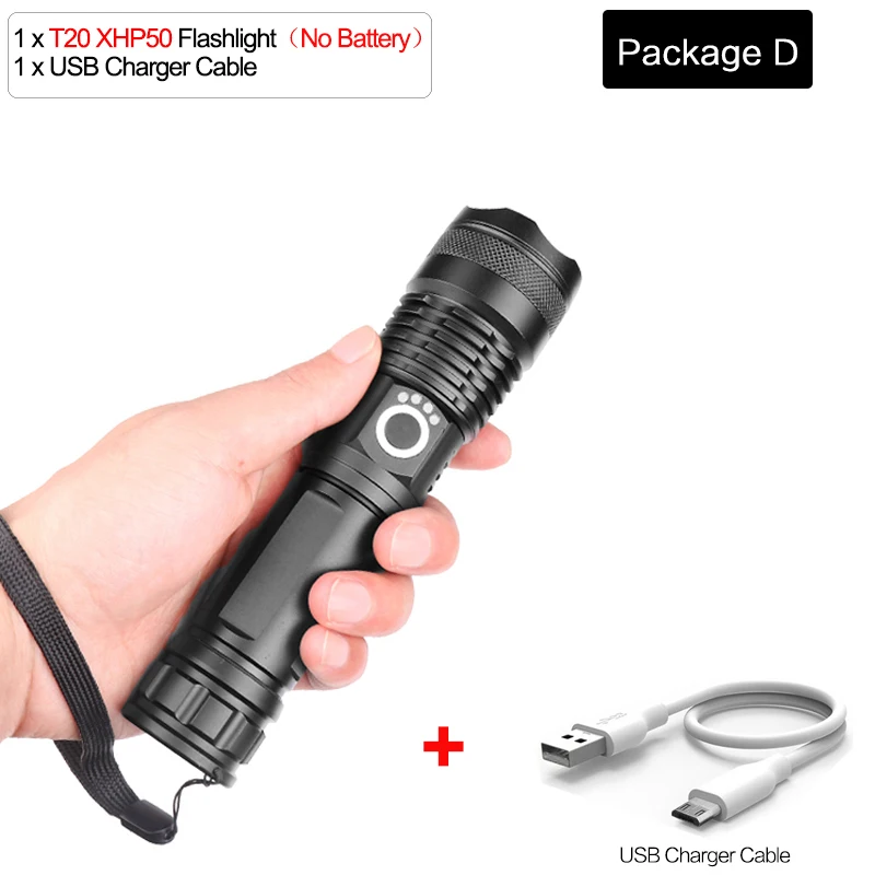 Package D XHP70 светодиодный фонарик USB Перезаряжаемый XHP50 светодиодный фонарь масштабируемый фонарик тактический фонарь с аккумулятором 18650 26650 - Испускаемый цвет: Package D