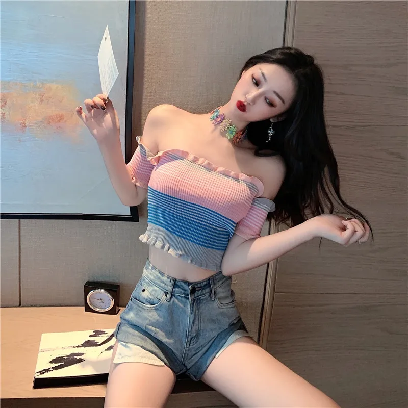 

Off The Shoulder Korea Clothes Womne T-Shirts Sexy Rainbow Stitching Kawaii Womens 2020 Summer Short Sleeve Shirts Female Mujer