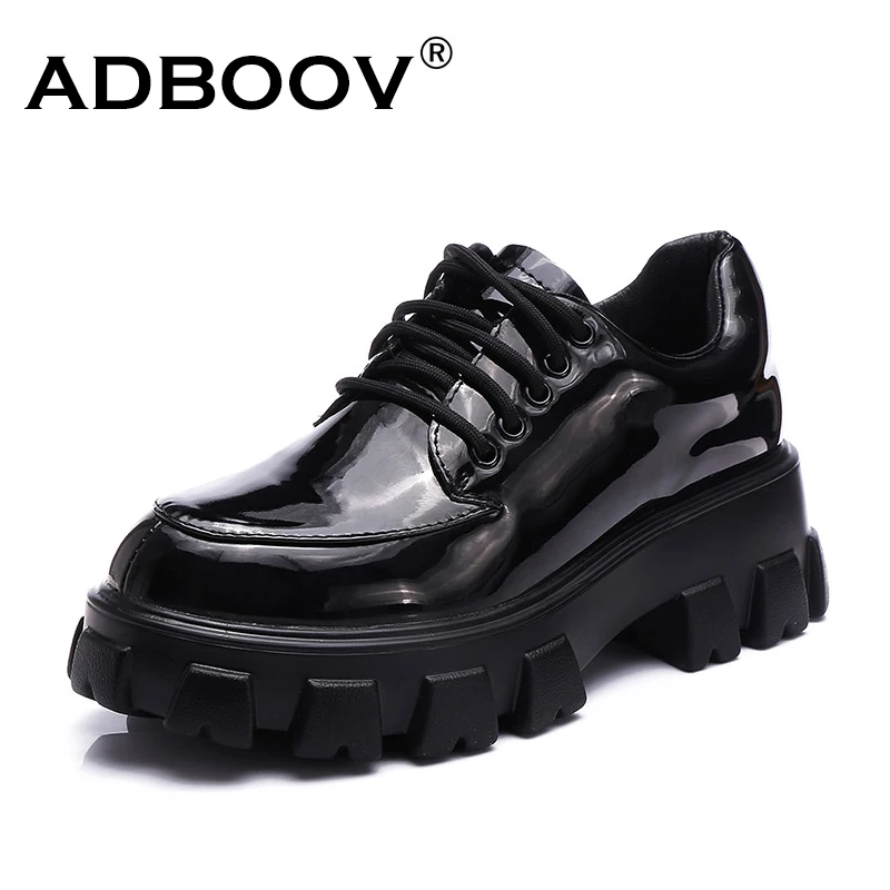 

ADBOOV Patent Leather Flat Platform Shoes Women Lace Up Round Toe Black Leather Casual Shoes Woman Schoenen Vrouw