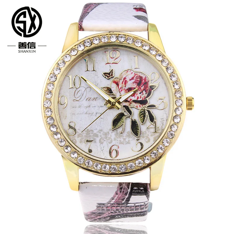 

Hot Selling Printed Leather Belt Quartz Ladies' Watch Diamond Set with Numbers Flower Pastoral Style Casual Women's Flower Strap