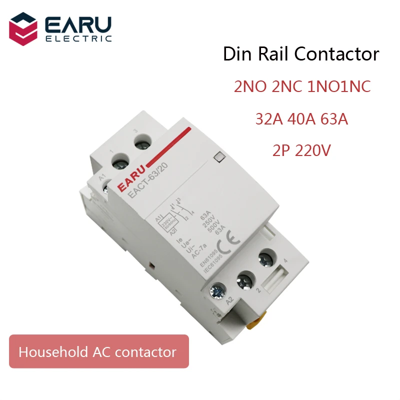 Din Rail AC Contactor 1NO 1NC 50//60HZ 220V//230V 63A Din Rail AC Contactor 2 Pole