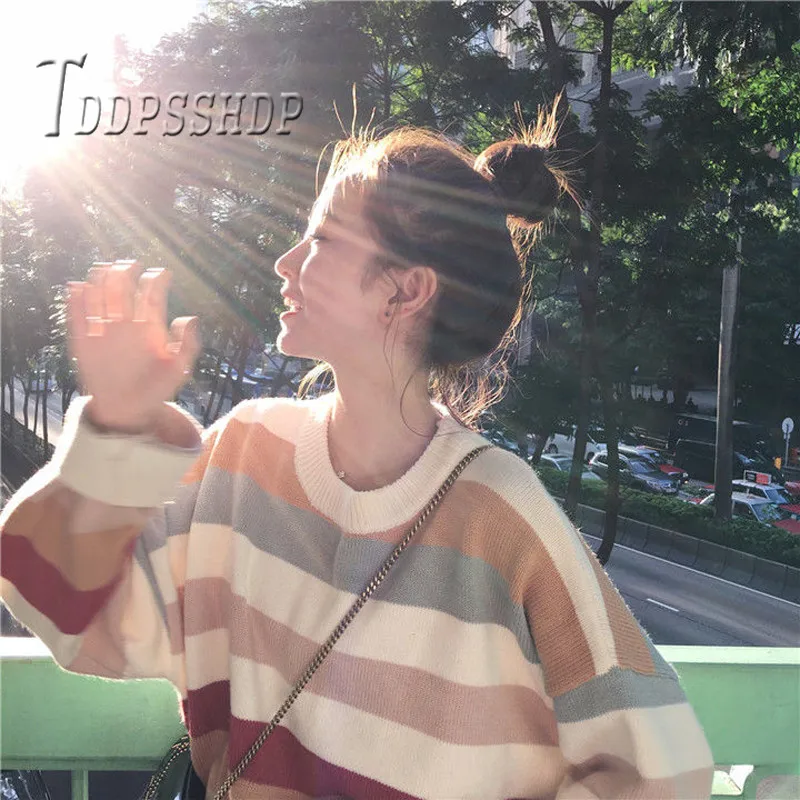 

2019 Winter Colorful Stripe Women Sweater Young Lady Korean Kawaii Knitted Female Sweaters
