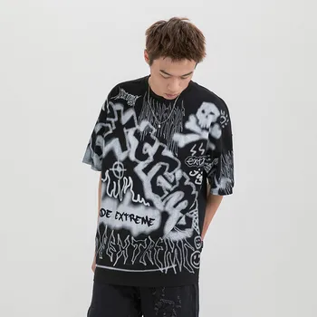 

Male High Street Hip Hop Loose Tee Shirt Men Short Sleeve Letter Skull Graffiti Loose T-shirt