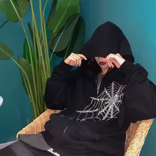

2021NEW Gothic rhinestone spider web hot rhinestone zipper hoodie couple trend Harajuku punk oversized clothing Sweatshirt