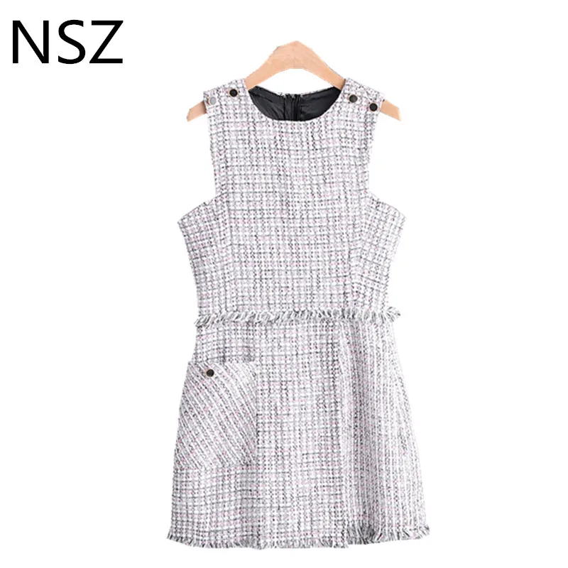 

NSZ Women Tweed Tank Jumpsuit Playsuits Sleeveless Tassel Hounstooth Rompers Classic Plaid Shorts Skirts Overalls Autumn Winter