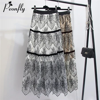 

PEONFLY Elegant Lace Skirts Women Fashion 2020 Spring Beautiful 93cm Long Maxi Lace Skirt A Line High Waist Skirt Female Ladies