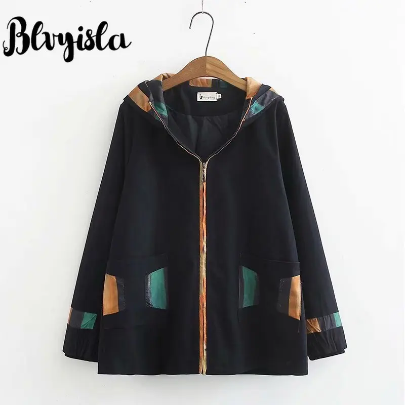Blvyisla 4XL размера плюс контрастные цвета Лоскутные Двойные карманы на молнии с капюшоном Хлопок Тренч женские шикарные ветровки пальто Топы