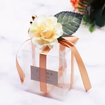 

50pcs Acrylic Candy Boxes With Ribbon Flower Design，Wedding PVC Boxes lovers Candy Box Chocolates Boxes